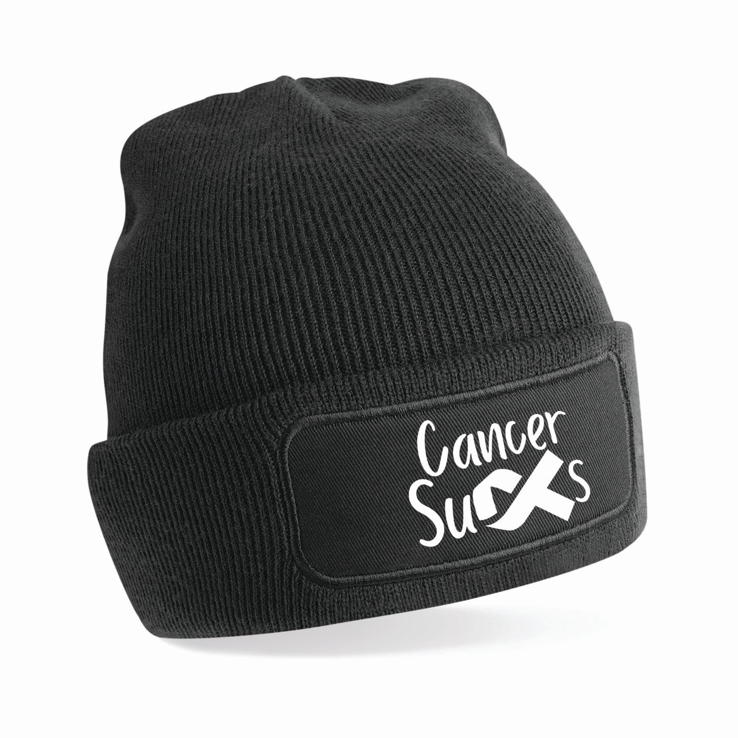 Personalised “Cancer Sucks” Beanie Hat – Charity Ribbon Design (Donation Made To Macmillan)