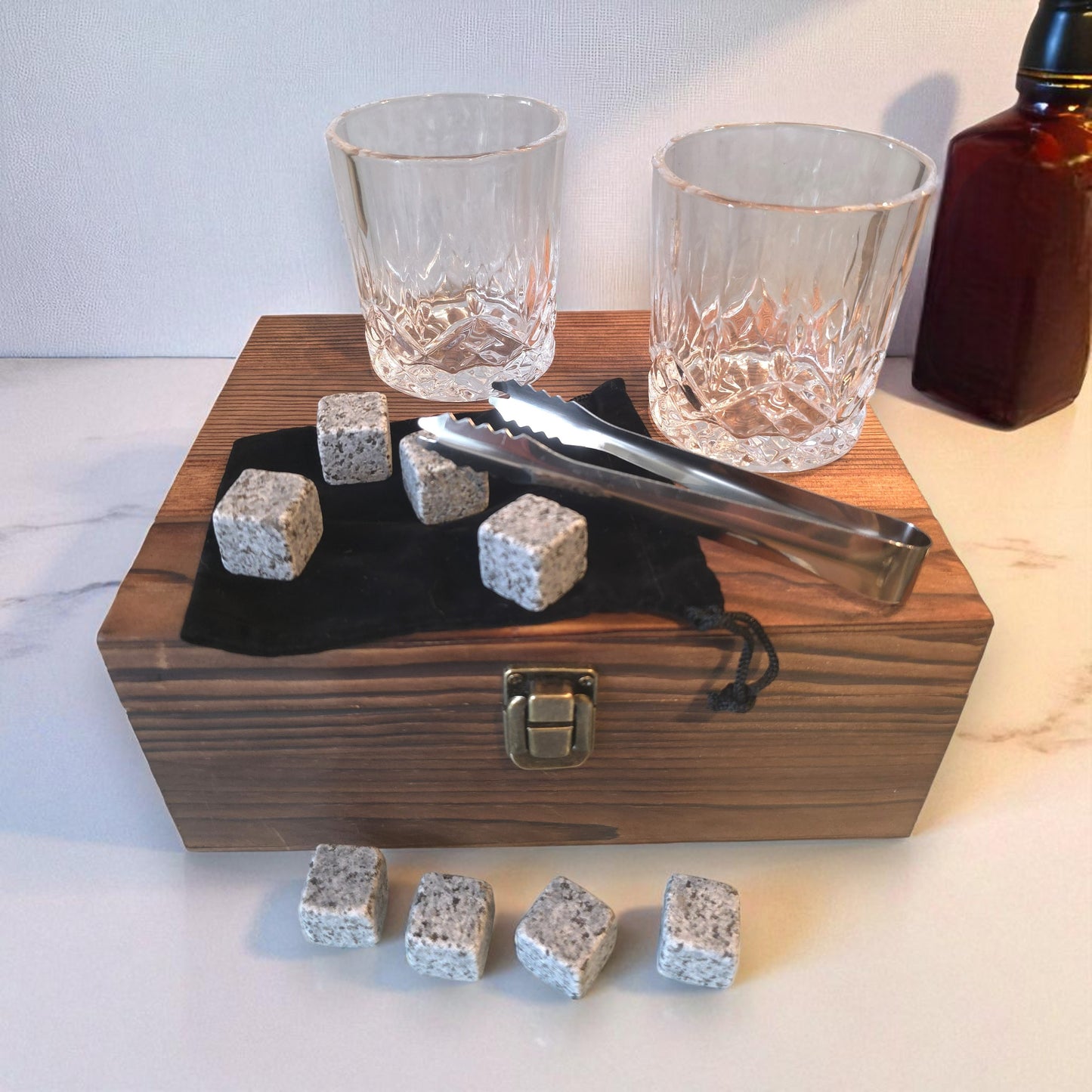Personalised Engraved Whisky Double Glass Gift Set in Wooden Box | Whiskey Stones, Tongs & Pouch | Milestone Birthday Gift for Him or Her | Any Age