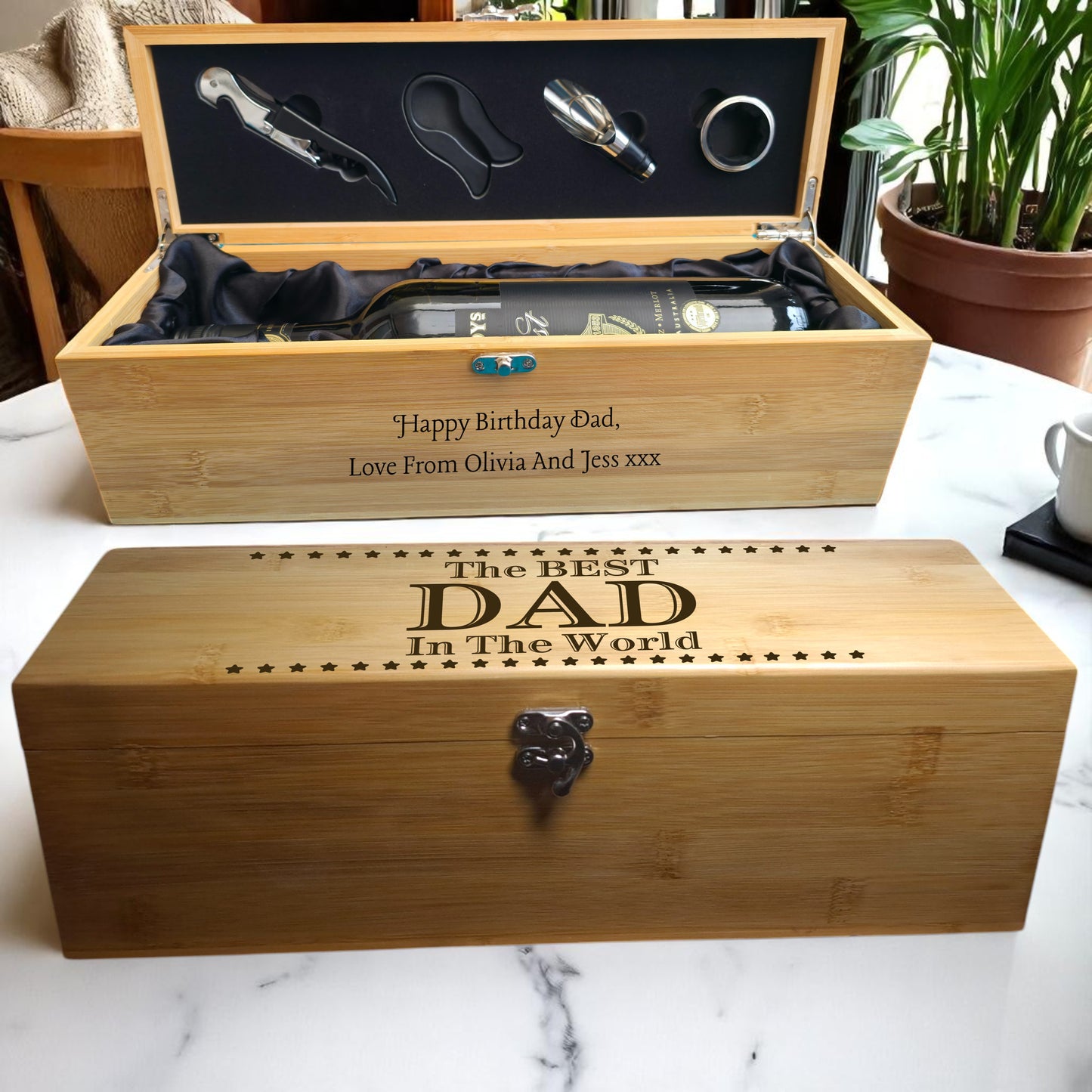 Personalised Engraved Bamboo Wine Box Gift Set | Gift for Dad, Mum, Grandad | Any Family Name