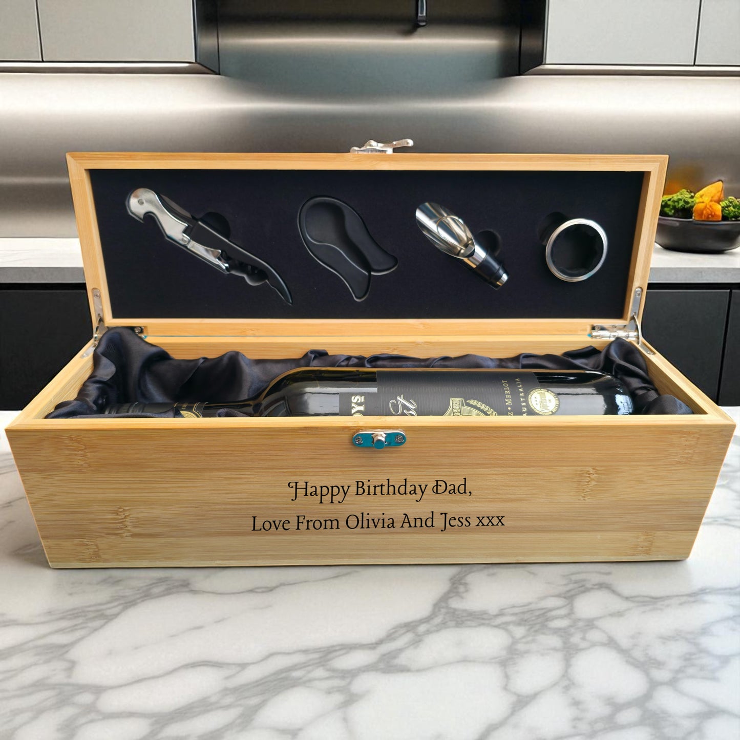 Personalised Engraved Bamboo Wine Box Gift Set | Gift for Dad, Mum, Grandad | Any Family Name