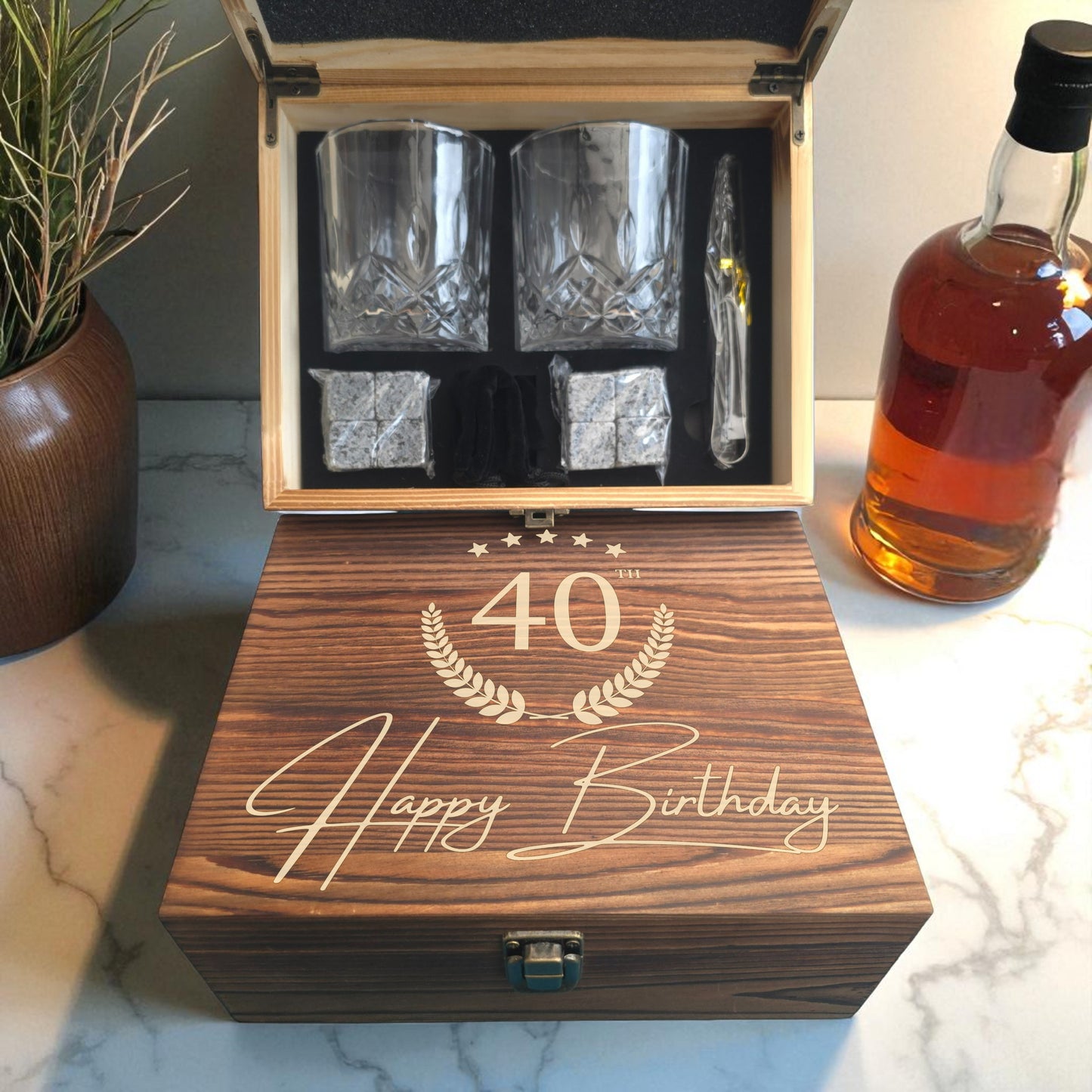 Personalised Engraved Whisky Double Glass Gift Set in Wooden Box | Whiskey Stones, Tongs & Pouch | Milestone Birthday Gift for Him or Her | Any Age