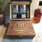 Personalised Engraved Whisky Double Glass Gift Set in Wooden Box | Whiskey Stones, Tongs & Pouch | Milestone Birthday Gift for Him or Her | Any Age