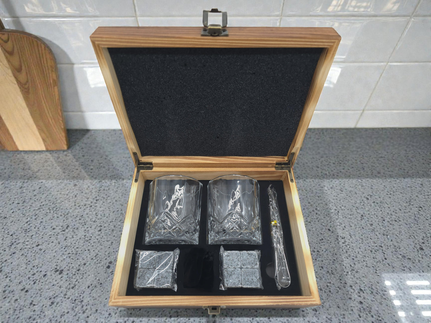 Personalised Engraved Whisky Double Glass Gift Set in Wooden Box | Whiskey Stones, Tongs & Pouch | Milestone Birthday Gift for Him or Her | Any Age