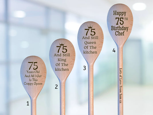 75th Birthday Milestone Wooden Laser Engraved Spoon, Birthday Chef Baking Gift