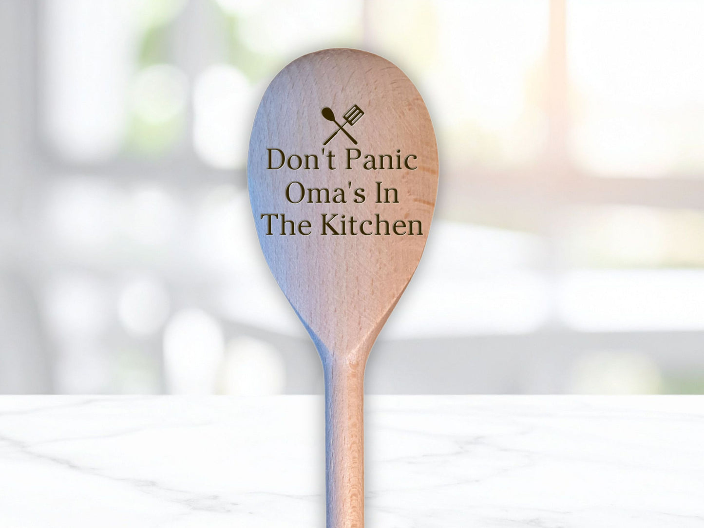 Engraved Wooden Spoon “Don't Panic” – Nan, Auntie, Mummy & More + Optional Handle Message