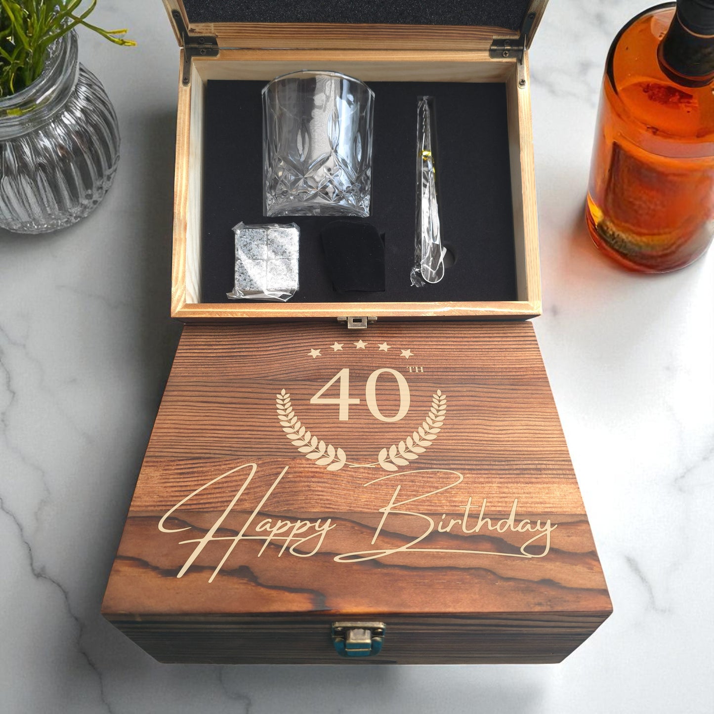 Personalised Engraved Single Whisky Glass Gift Set in Wooden Box | 4 Whisky Stones, Tongs & Pouch | Milestone Birthday Gift for Him or Her | Any Age