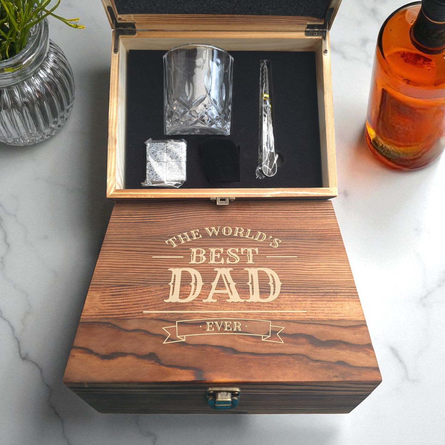 Personalised Engraved Single Whisky Glass Gift Set in Wooden Box | Gift for Dad, Grandad, Papa | Any Family Name