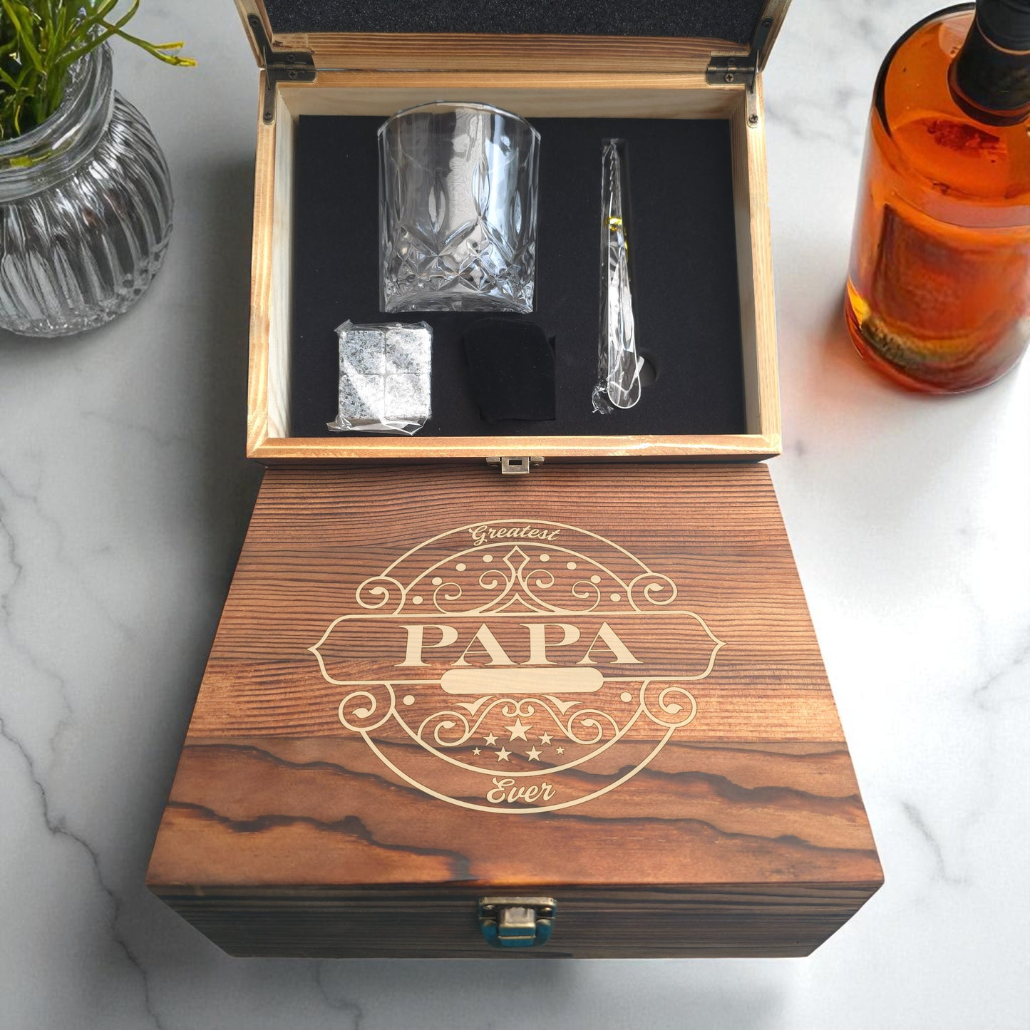 Personalised Engraved Single Whisky Glass Gift Set in Wooden Box | Gift for Dad, Grandad, Papa | Any Family Name