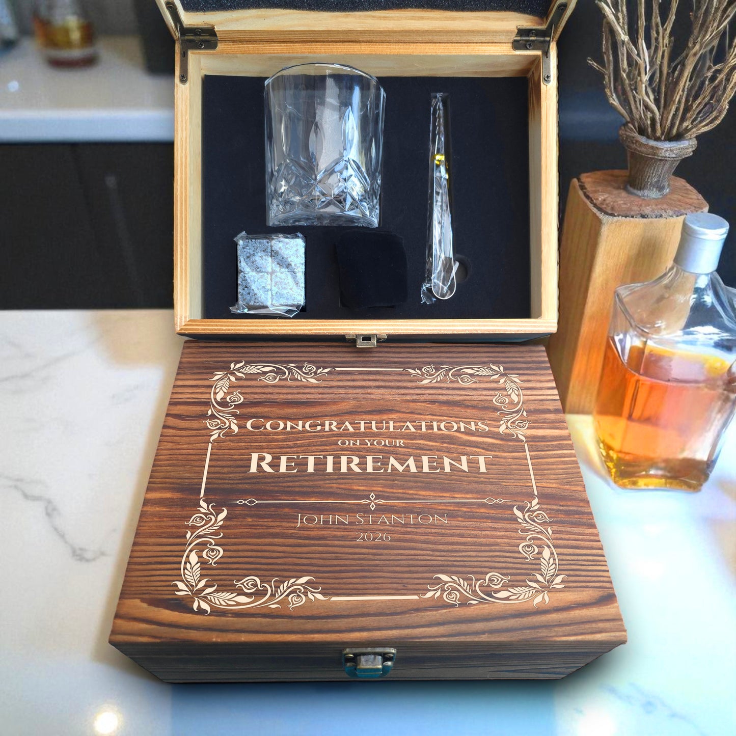 Personalised Engraved Single Whisky Glass Gift Set in Wooden Box | Retirement, Leaving & Long Service Gift | For Colleague, Boss or Employee