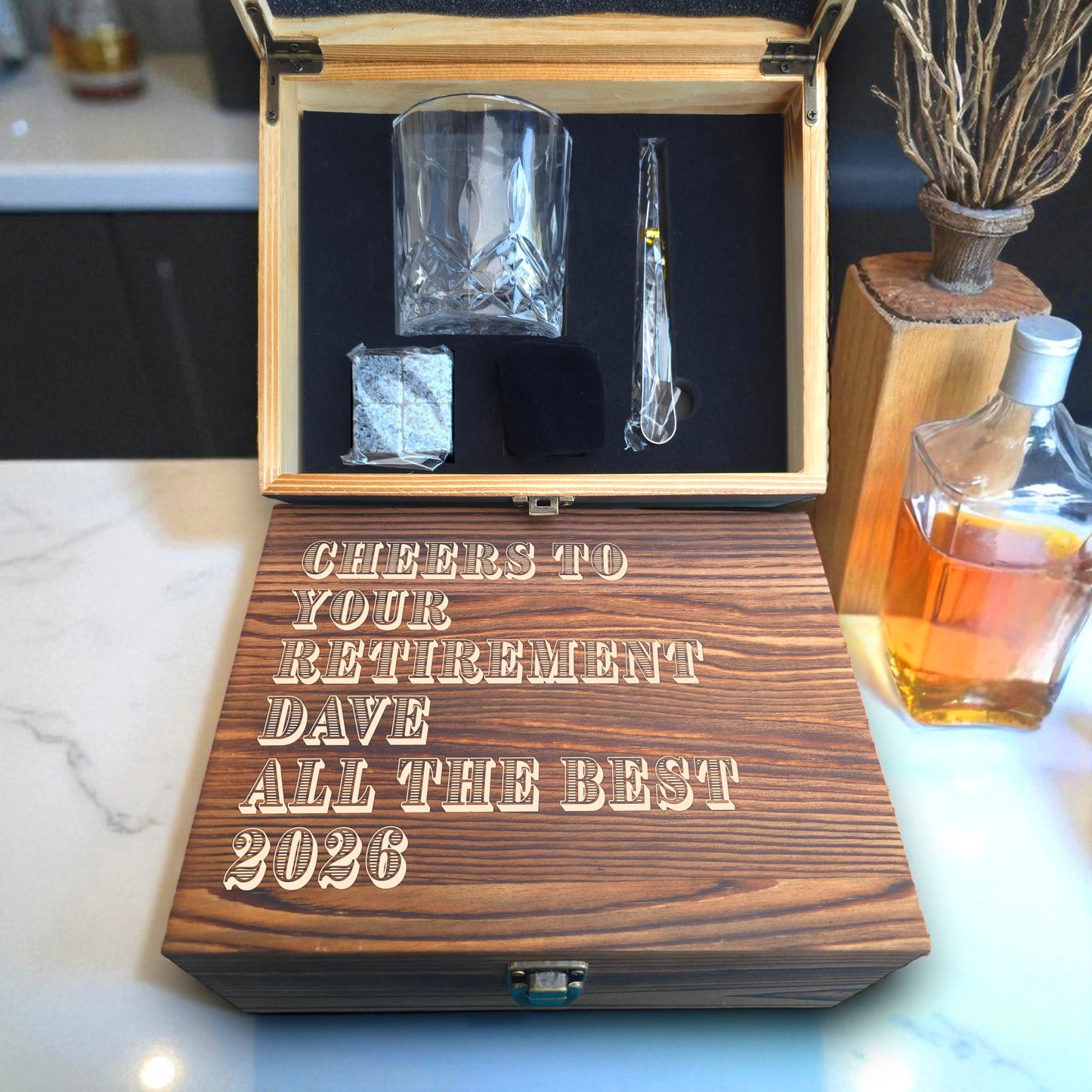 Personalised Engraved Single Whisky Glass Gift Set in Wooden Box | Retirement, Leaving & Long Service Gift | For Colleague, Boss or Employee