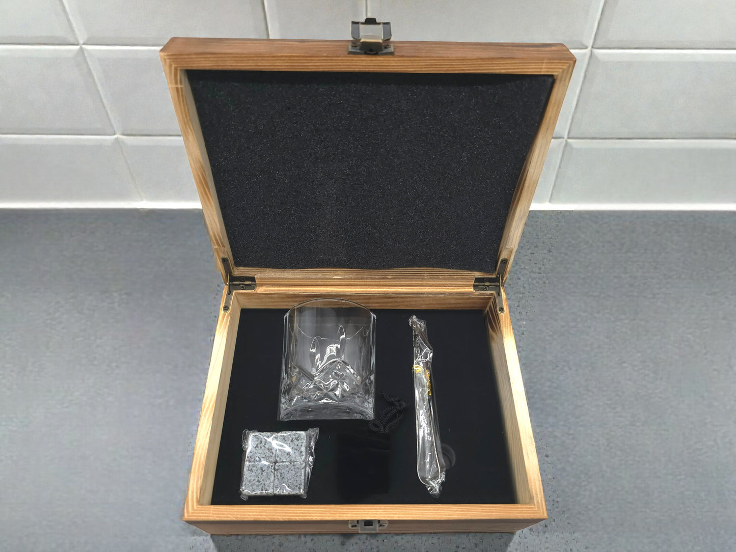 Personalised Engraved Single Whisky Glass Gift Set in Wooden Box | 4 Whisky Stones, Tongs & Pouch | Milestone Birthday Gift for Him or Her | Any Age