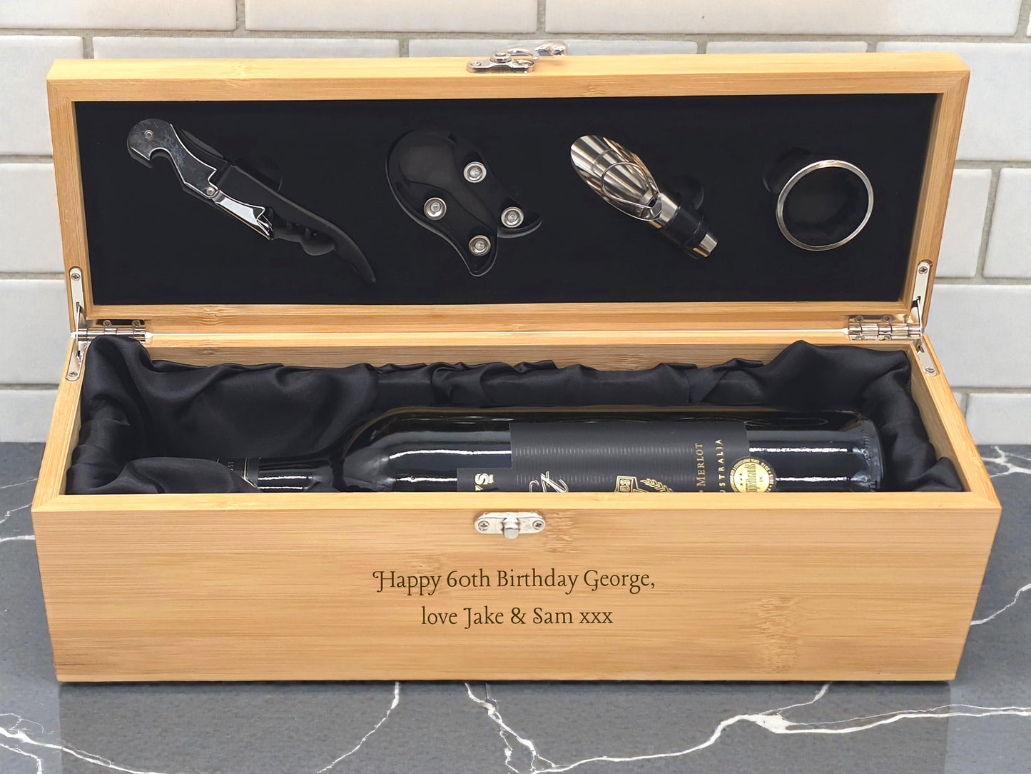 Personalised Engraved Bamboo Wine Box Gift Set | Includes 4 Wine Tools | Milestone Birthday Gift for Him or Her | Any Age