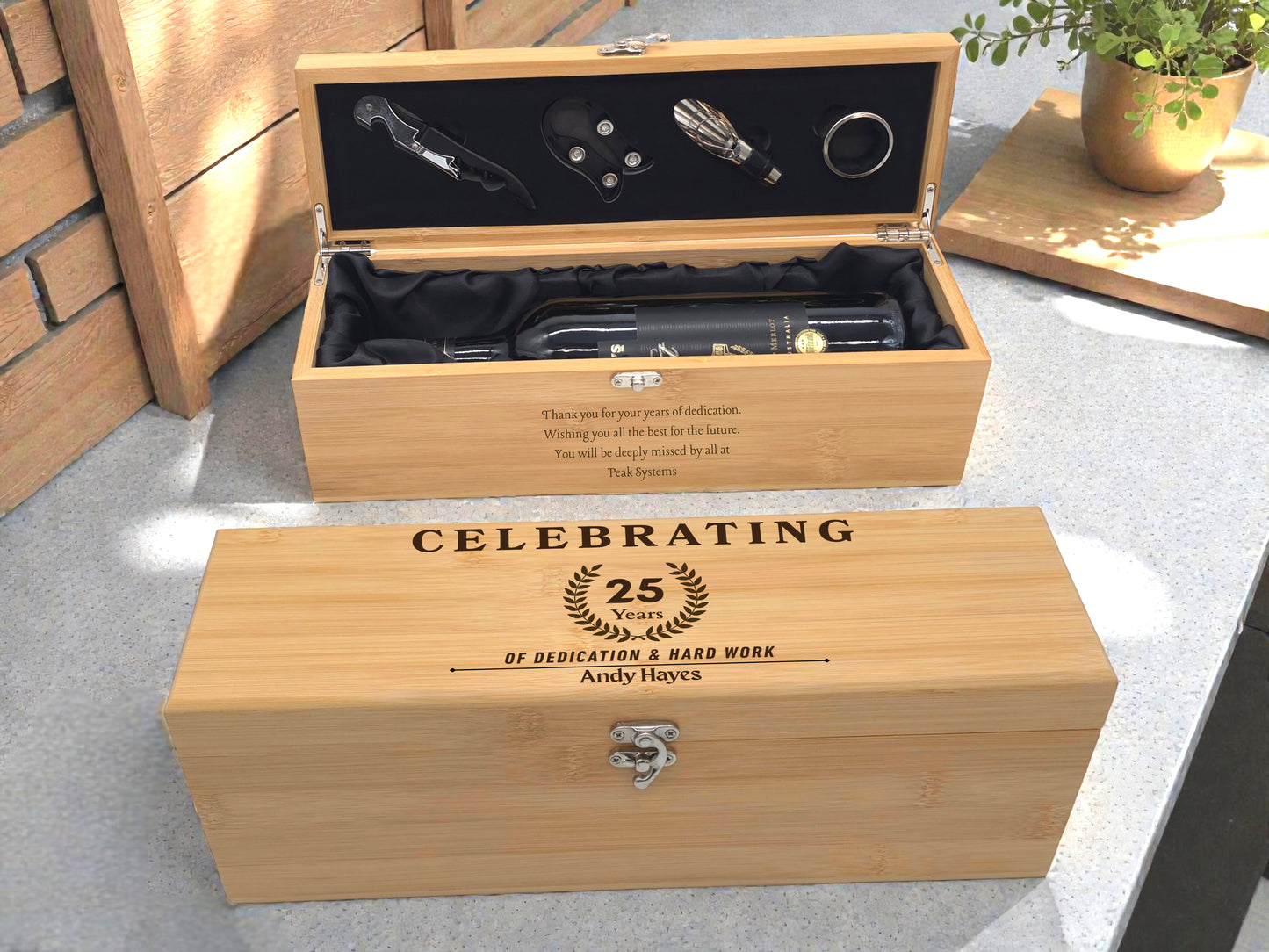 Personalised Engraved Bamboo Wine Box Gift Set | Retirement & Long Service Gift