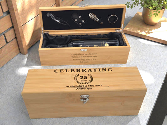 Personalised Engraved Bamboo Wine Box Gift Set | Retirement & Long Service Gift