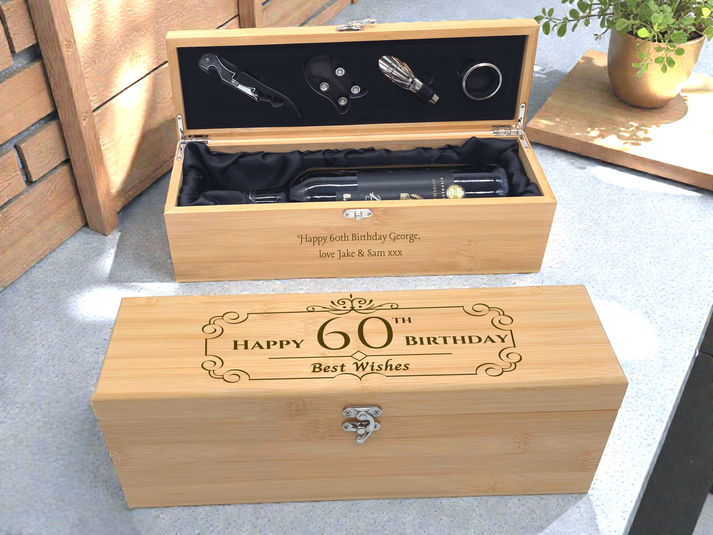 Personalised Engraved Bamboo Wine Box Gift Set | Includes 4 Wine Tools | Milestone Birthday Gift for Him or Her | Any Age