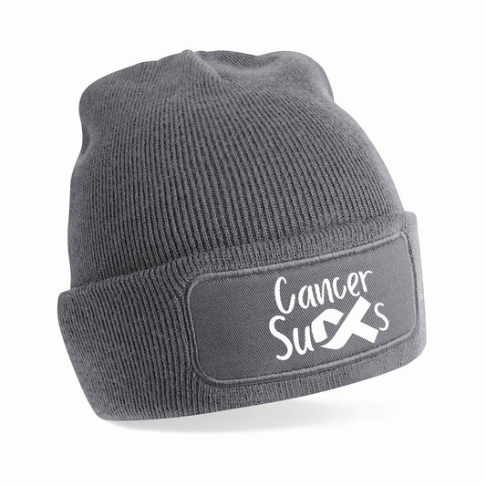Personalised “Cancer Sucks” Beanie Hat – Charity Ribbon Design (Donation Made To Macmillan)