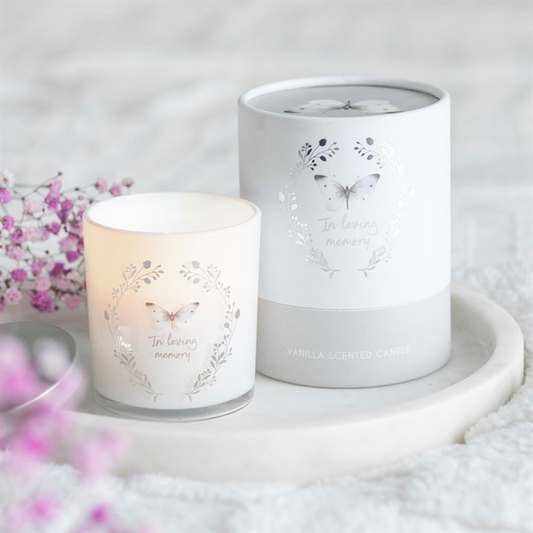 In Loving Memory - Memorial Candle | White Butterfly Design | Vanilla Scented